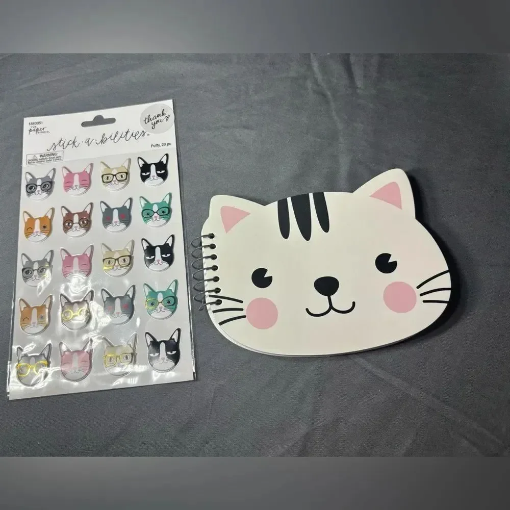 Charming Cat Face Spiral Notebook with Stickers 2 pc Cat Themed Notepad Set NWT
